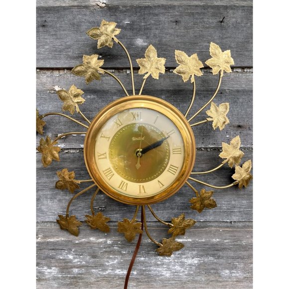 Vintage MCM United Starburst Ivy Leaves Electric wall clock Gold - Picture 6 of 14